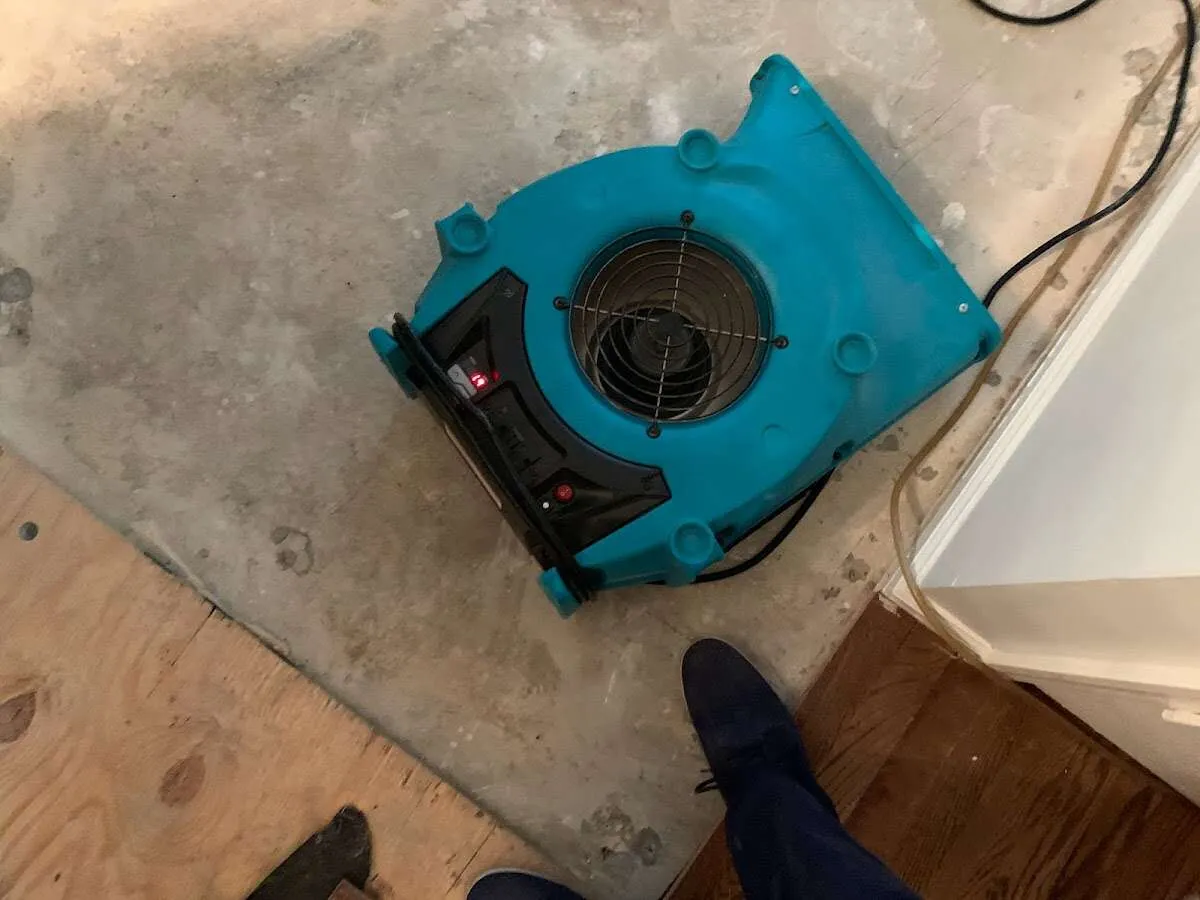 Air mover drying subfloor during Commercial Water Damage Restoration in Salida